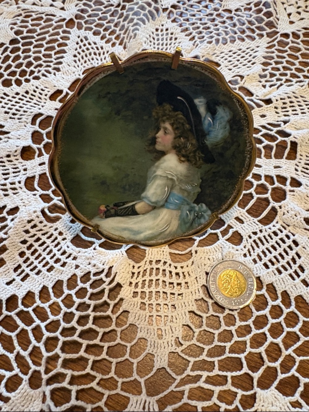 Limoges Hand-Painted Portrait Plate in Green, Blue, Cream and Black